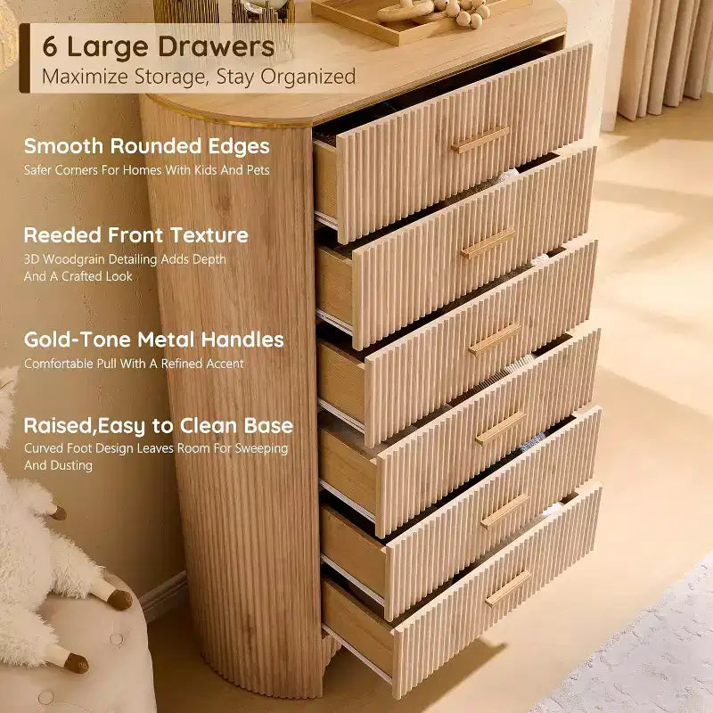 Commode cannelée pour chambre à coucher, commode de rangement avec poignées dorées, profil incurvé, organisateur de commodes de rangement en bois pour chambre à coucher, salon