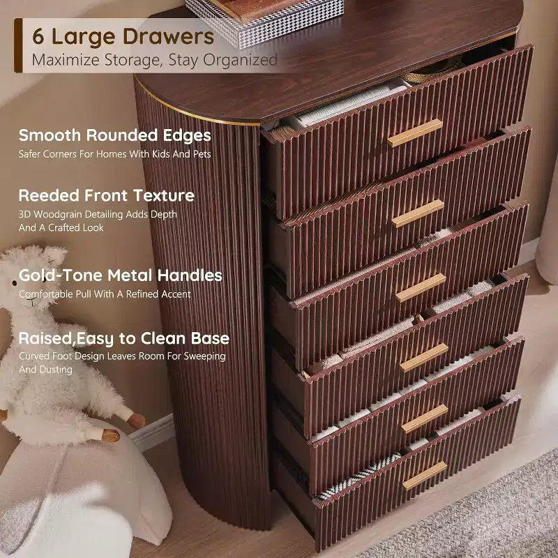 Commode cannelée pour chambre à coucher, commode de rangement avec poignées dorées, profil incurvé, organisateur de commodes de rangement en bois pour chambre à coucher, salon