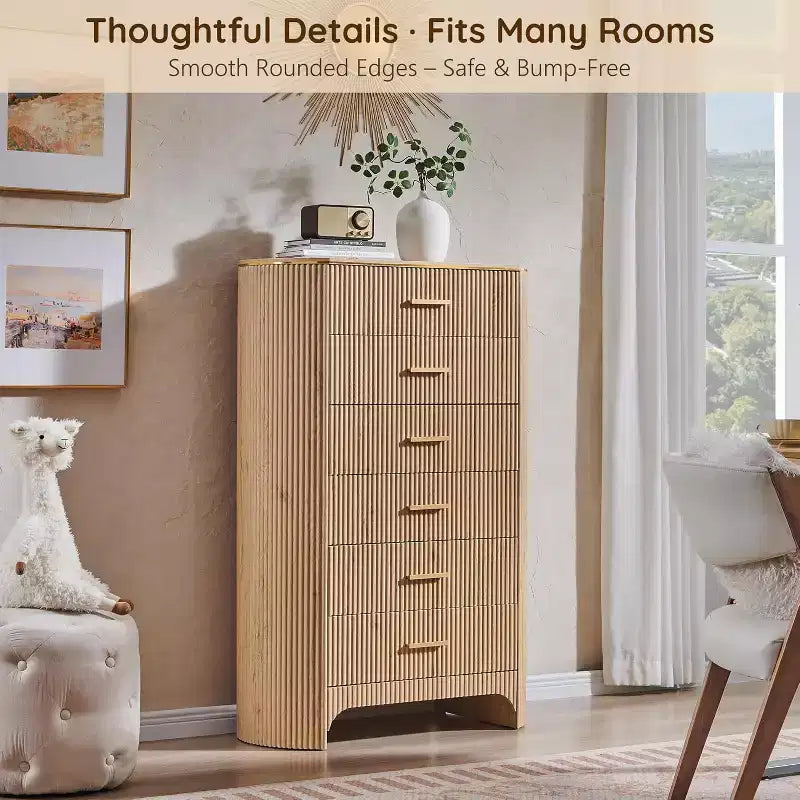 Commode cannelée pour chambre à coucher, commode de rangement avec poignées dorées, profil incurvé, organisateur de commodes de rangement en bois pour chambre à coucher, salon
