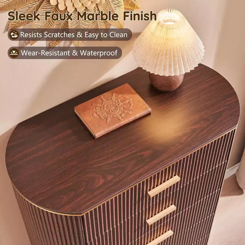 Commode cannelée pour chambre à coucher, commode de rangement avec poignées dorées, profil incurvé, organisateur de commodes de rangement en bois pour chambre à coucher, salon