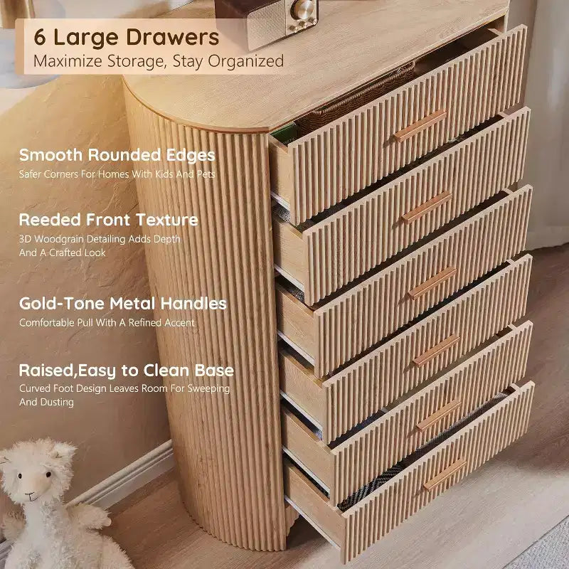 Commode cannelée pour chambre à coucher, commode de rangement avec poignées dorées, profil incurvé, organisateur de commodes de rangement en bois pour chambre à coucher, salon
