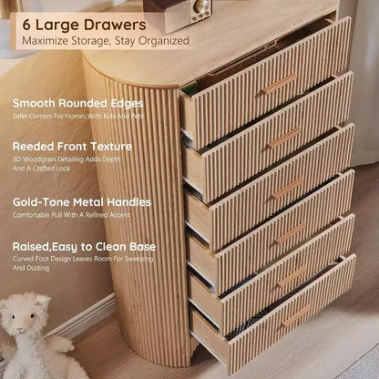 Commode cannelée pour chambre à coucher, commode de rangement avec poignées dorées, profil incurvé, organisateur de commodes de rangement en bois pour chambre à coucher, salon