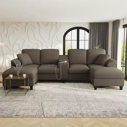Canapé d'angle en velours côtelé Polibi en U avec poufs de rangement cachés, console USB et porte-gobelets