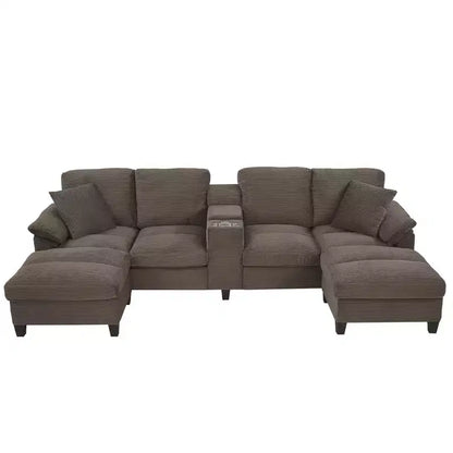 Canapé d'angle en velours côtelé Polibi en U avec poufs de rangement cachés, console USB et porte-gobelets