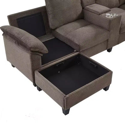 Canapé d'angle en velours côtelé Polibi en U avec poufs de rangement cachés, console USB et porte-gobelets