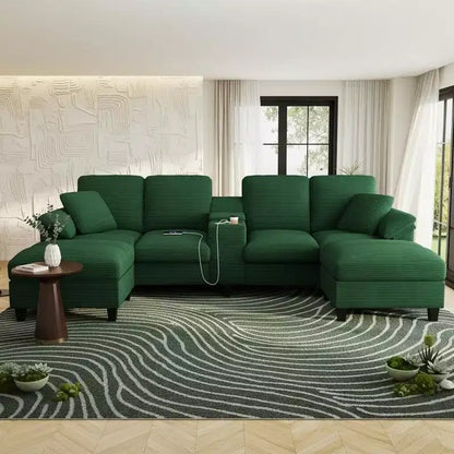 Canapé d'angle en velours côtelé Polibi en U avec poufs de rangement cachés, console USB et porte-gobelets
