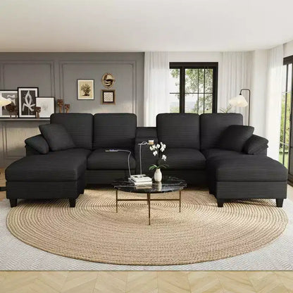 Canapé d'angle en velours côtelé Polibi en U avec poufs de rangement cachés, console USB et porte-gobelets