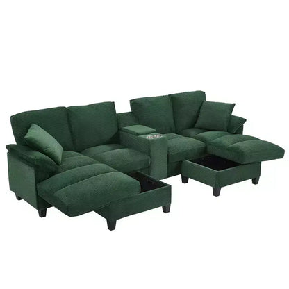 Canapé d'angle en velours côtelé Polibi en U avec poufs de rangement cachés, console USB et porte-gobelets