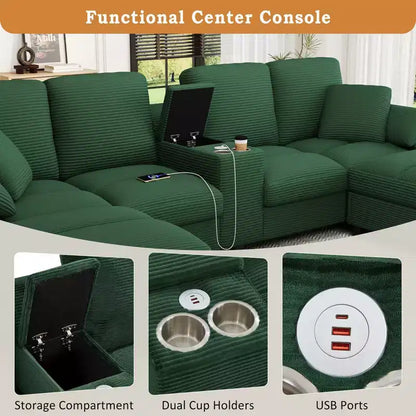 Canapé d'angle en velours côtelé Polibi en U avec poufs de rangement cachés, console USB et porte-gobelets