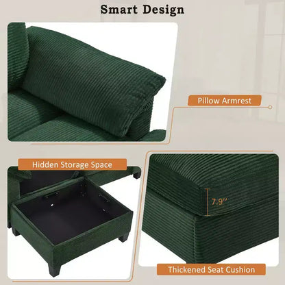 Canapé d'angle en velours côtelé Polibi en U avec poufs de rangement cachés, console USB et porte-gobelets