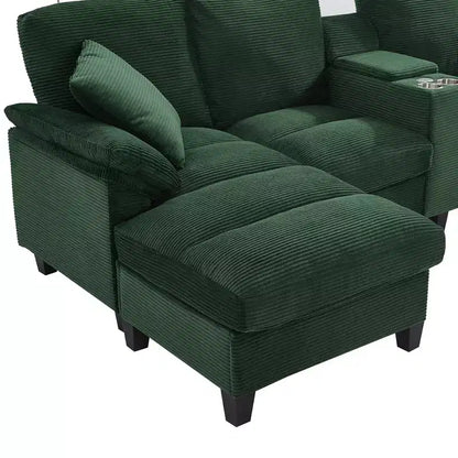 Canapé d'angle en velours côtelé Polibi en U avec poufs de rangement cachés, console USB et porte-gobelets
