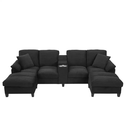 Canapé d'angle en velours côtelé Polibi en U avec poufs de rangement cachés, console USB et porte-gobelets