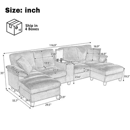 Canapé d'angle en velours côtelé Polibi en U avec poufs de rangement cachés, console USB et porte-gobelets
