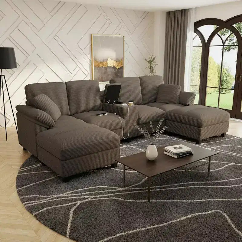 Canapé d'angle en velours côtelé Polibi en U avec poufs de rangement cachés, console USB et porte-gobelets