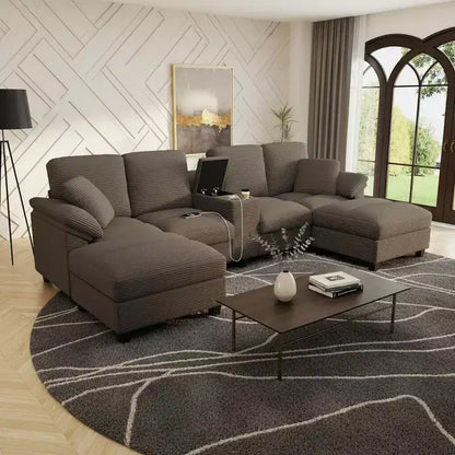 Canapé d'angle en velours côtelé Polibi en U avec poufs de rangement cachés, console USB et porte-gobelets