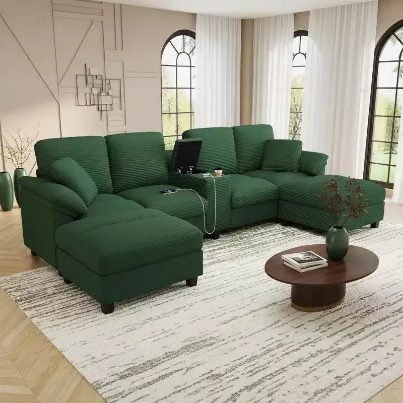 Canapé d'angle en velours côtelé Polibi en U avec poufs de rangement cachés, console USB et porte-gobelets