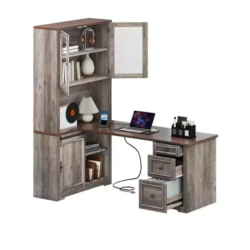 Bureau de direction d'angle en L de style ferme avec huche et tiroirs, en bois, avec prise électrique intégrée
