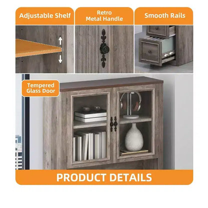 Bureau de direction d'angle en L de style ferme avec huche et tiroirs, en bois, avec prise électrique intégrée