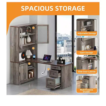 Bureau de direction d'angle en L de style ferme avec huche et tiroirs, en bois, avec prise électrique intégrée