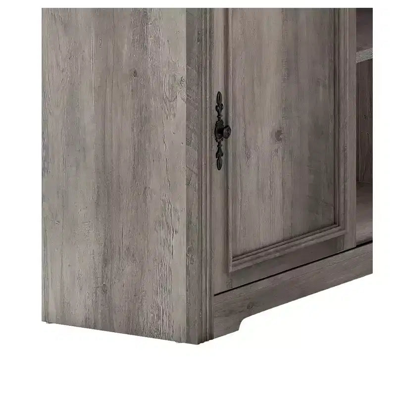 Bureau de direction d'angle en L de style ferme avec huche et tiroirs, en bois, avec prise électrique intégrée