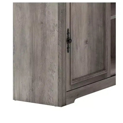 Bureau de direction d'angle en L de style ferme avec huche et tiroirs, en bois, avec prise électrique intégrée