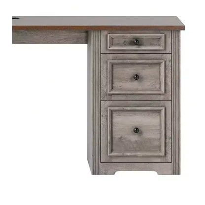 Bureau de direction d'angle en L de style ferme avec huche et tiroirs, en bois, avec prise électrique intégrée