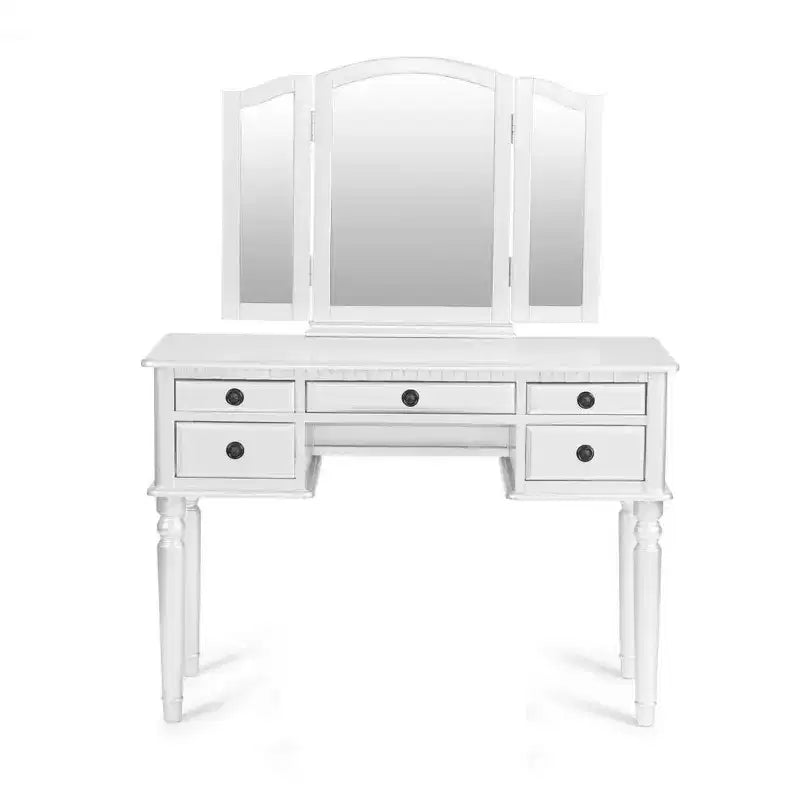 Poundex Coiffeuse en bois avec miroir et tabouret - Blanc
