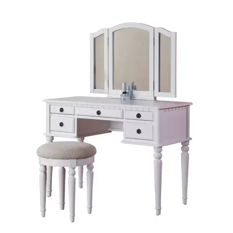 Poundex Coiffeuse en bois avec miroir et tabouret - Blanc