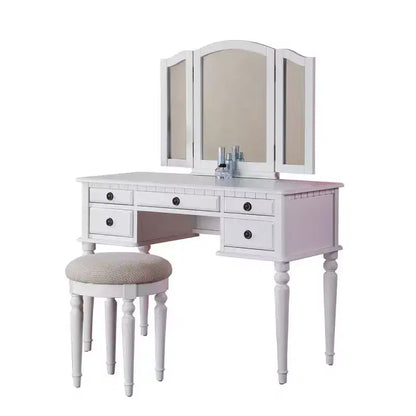 Poundex Coiffeuse en bois avec miroir et tabouret - Blanc
