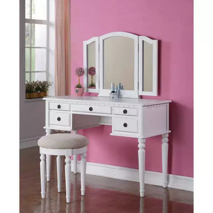 Poundex Coiffeuse en bois avec miroir et tabouret - Blanc