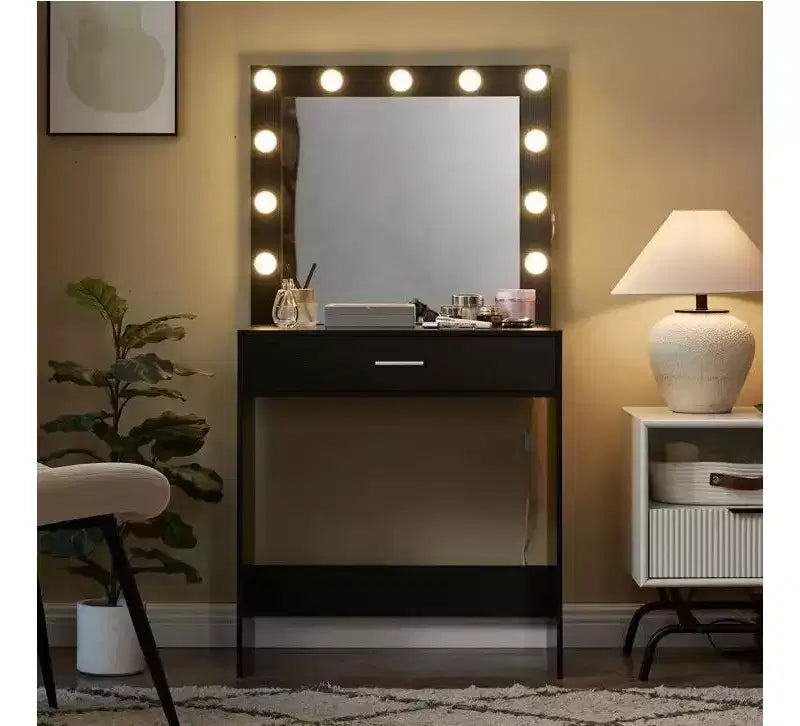 Coiffeuse avec miroir, table de maquillage à luminosité réglable avec 3 modes d'éclairage, tiroir, compacte pour petit espace, maison, salon