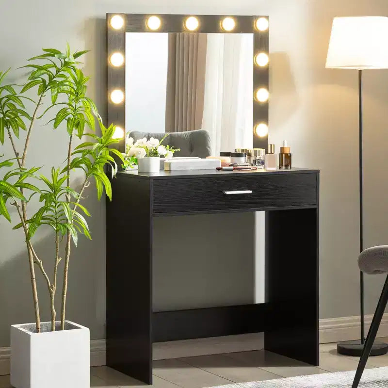 Coiffeuse avec miroir, table de maquillage à luminosité réglable avec 3 modes d'éclairage, tiroir, compacte pour petit espace, maison, salon