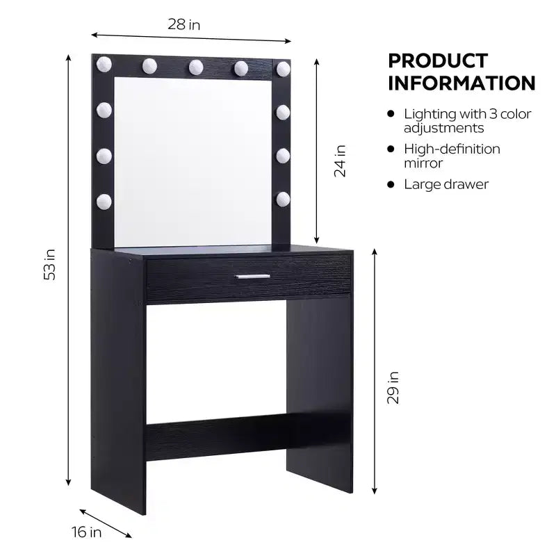 Coiffeuse avec miroir, table de maquillage à luminosité réglable avec 3 modes d'éclairage, tiroir, compacte pour petit espace, maison, salon