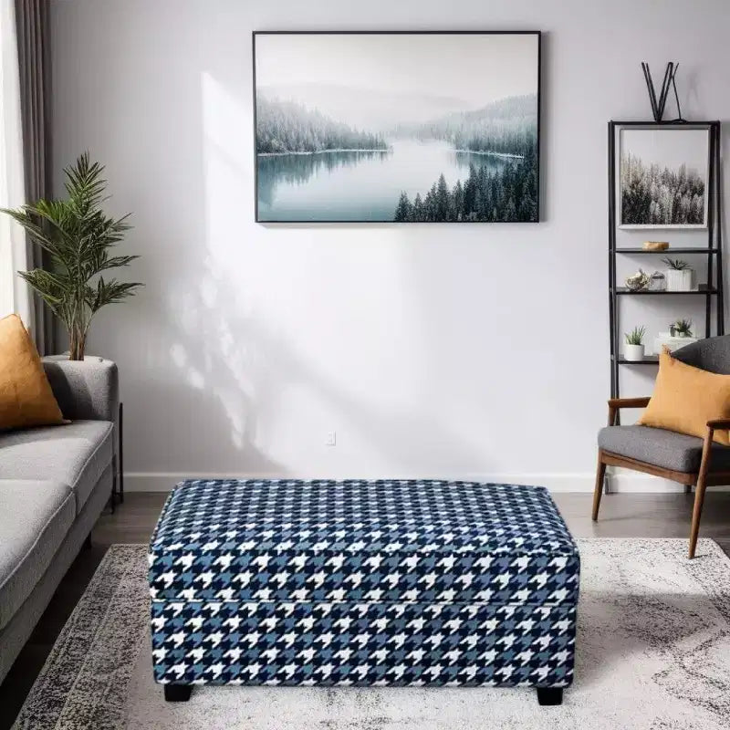Royal Hampton Ottoman, Gray Blue White Houndstooth Polyester, 40in Rectangular