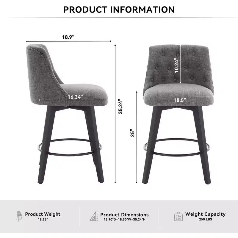 MAYEERTY Lot de 2 tabourets de bar pivotants à 360° gris - Tabourets de comptoir à cadre en bois massif pour bar de maison