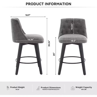 MAYEERTY Lot de 2 tabourets de bar pivotants à 360° gris - Tabourets de comptoir à cadre en bois massif pour bar de maison