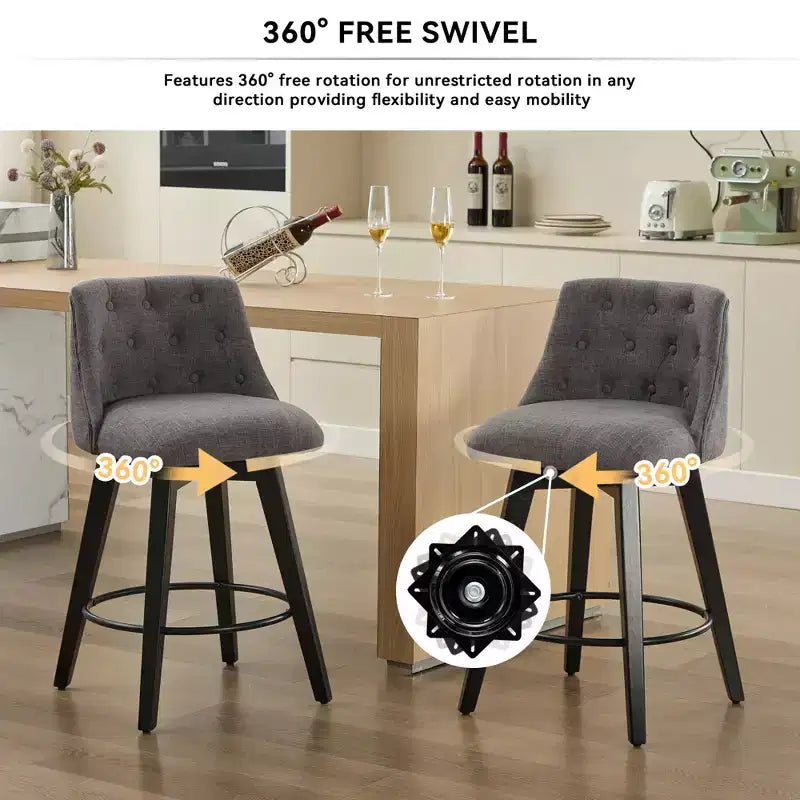 MAYEERTY Lot de 2 tabourets de bar pivotants à 360° gris - Tabourets de comptoir à cadre en bois massif pour bar de maison