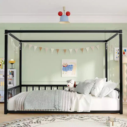 Bellemave Full Size Sunshade Floor Bed with Multi-Side Guardrails, Low-Profile House Frame, Safe Sturdy Metal Platform Bed for Kids, Black