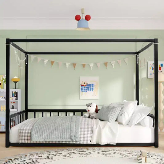 Bellemave Full Size Sunshade Floor Bed with Multi-Side Guardrails, Low-Profile House Frame, Safe Sturdy Metal Platform Bed for Kids, Black