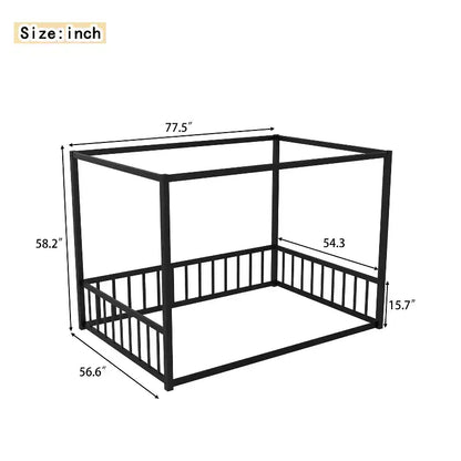 Lit de Sol Bellemave Pleine Taille avec Pare-Soleil et Barrières Latérales Multiples, Cadre de Maison Bas, Lit Plateforme en Métal Sûr et Robuste pour Enfants, Noir