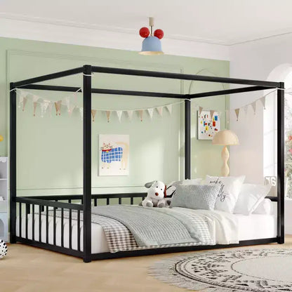 Lit de Sol Bellemave Pleine Taille avec Pare-Soleil et Barrières Latérales Multiples, Cadre de Maison Bas, Lit Plateforme en Métal Sûr et Robuste pour Enfants, Noir
