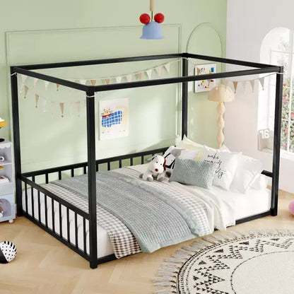Lit de Sol Bellemave Pleine Taille avec Pare-Soleil et Barrières Latérales Multiples, Cadre de Maison Bas, Lit Plateforme en Métal Sûr et Robuste pour Enfants, Noir