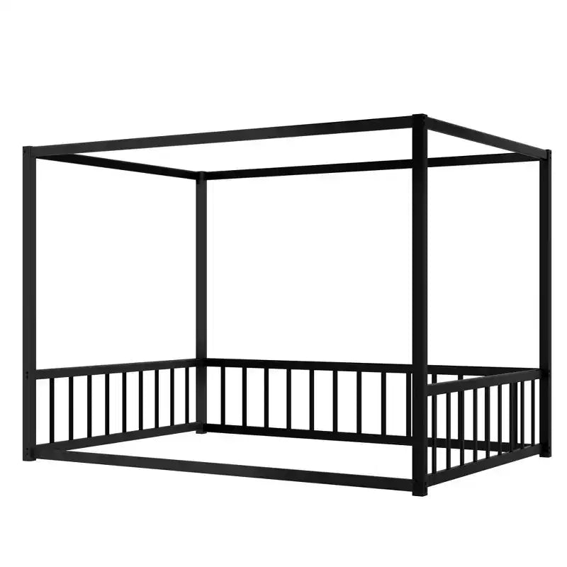 Lit de Sol Bellemave Pleine Taille avec Pare-Soleil et Barrières Latérales Multiples, Cadre de Maison Bas, Lit Plateforme en Métal Sûr et Robuste pour Enfants, Noir