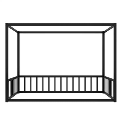 Lit de Sol Bellemave Pleine Taille avec Pare-Soleil et Barrières Latérales Multiples, Cadre de Maison Bas, Lit Plateforme en Métal Sûr et Robuste pour Enfants, Noir