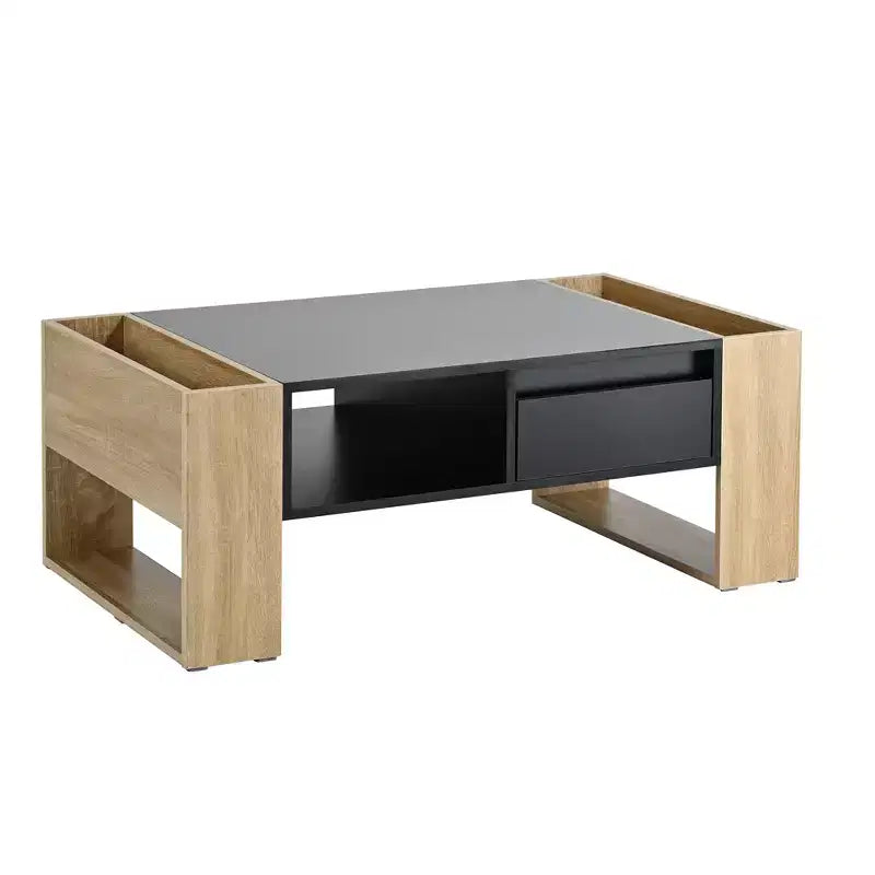 Table basse rectangulaire avec tiroirs de rangement, table centrale bicolore brillante avec compartiments cachés, table d'appoint avec étagère de rangement ouverte