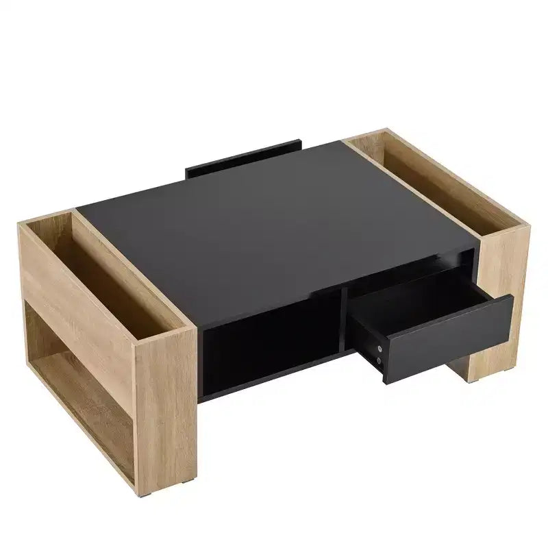Table basse rectangulaire avec tiroirs de rangement, table centrale bicolore brillante avec compartiments cachés, table d'appoint avec étagère de rangement ouverte