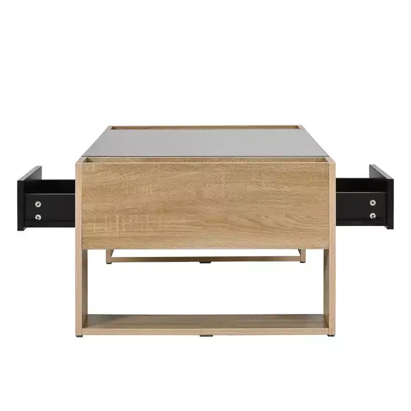 Table basse rectangulaire avec tiroirs de rangement, table centrale bicolore brillante avec compartiments cachés, table d'appoint avec étagère de rangement ouverte