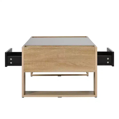 Table basse rectangulaire avec tiroirs de rangement, table centrale bicolore brillante avec compartiments cachés, table d'appoint avec étagère de rangement ouverte