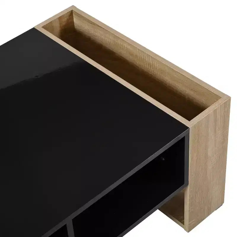 Table basse rectangulaire avec tiroirs de rangement, table centrale bicolore brillante avec compartiments cachés, table d'appoint avec étagère de rangement ouverte