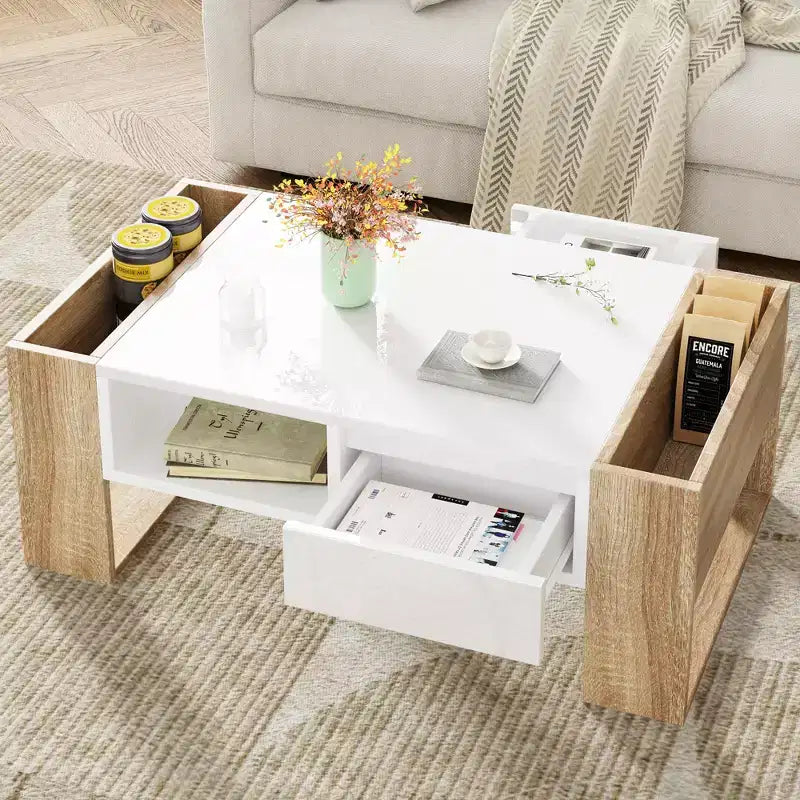 Table basse rectangulaire avec tiroirs de rangement, table centrale bicolore brillante avec compartiments cachés, table d'appoint avec étagère de rangement ouverte